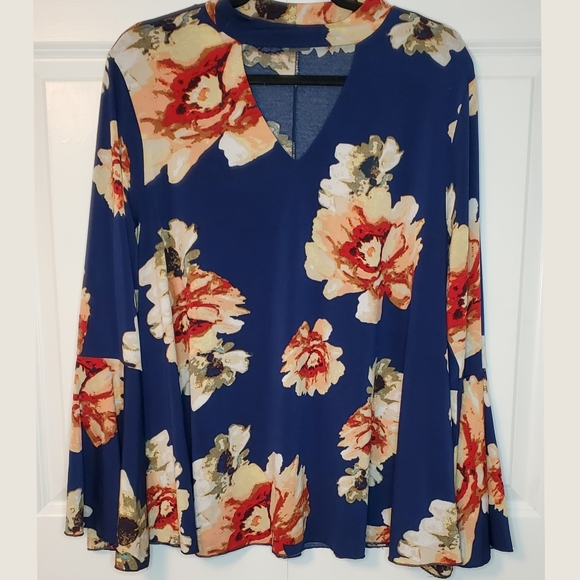 Chelsea & Theodore Tops - Navy Floral Long Bell Sleeve Shirt